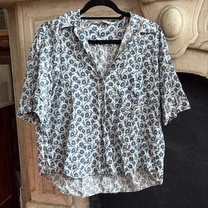 Zara short sleeve top blue floral print size L 100% cotton